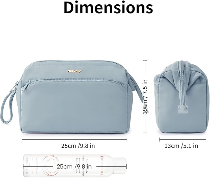 Narwey Large Travel Makeup Bag For Women Girls, Wide Open Cosmetic Bag, Portable Toiletry Bag for Cosmetics, Toiletries, Skincare, Brushes (Greyish Blue) - Image 2