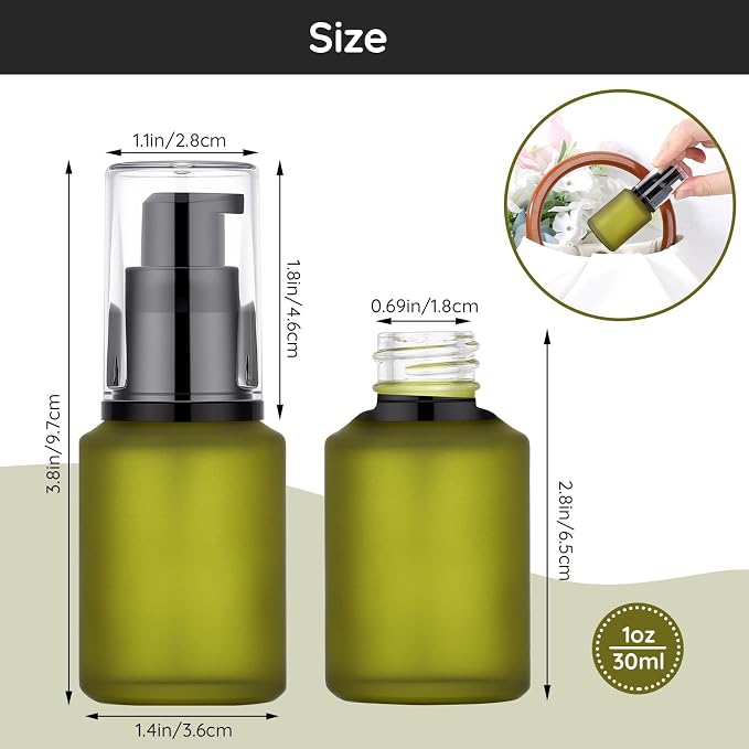 Segbeauty 1oz Frosted Glass Empty Travel Size Bottles for Creams, 3pcs Refillable Lotion Pump Bottle Dispenser, 30ml Liquid Travel Containers, Green Mini Lotion Container Foundation Pump Dispensers - Image 3