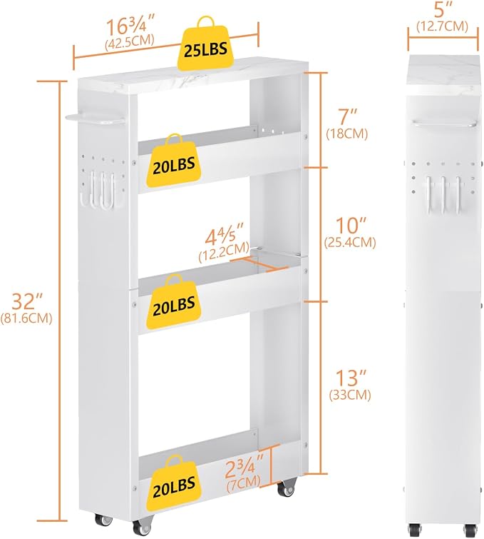 CHLORYARD Slim Storage Cart, 4-Tier Kitchen Rolling Cart Narrow Storage Cabinet with Handle & Wheels, Metal Rolling Shelf Unit for Kitchen Bathroom Laundry Small Places(5 in Width/White) - Image 6