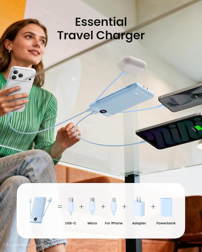 Portable Charger Built-in Cables and Wall Plug, 10000mAh Slim USB C Power Bank, LED Display External Battery Pack Compatible with iPhone/Android & More (Blue) - Image 6
