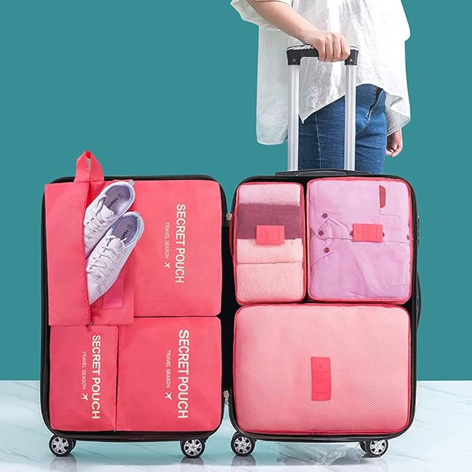 7 Set Packing Cubes Packing Organizers Travel Luggage Packing Organizers with Shoes Bag for Suitcase, Watermelon Red - Image 6
