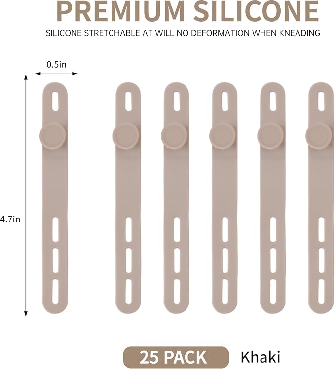 Oligei 25 Pcs Silicone Cable Ties, Cable Ties Reusable, High Elasticity Cord Wraps for Electrical Cords, Cord Organizer for Earphone, Phone Charger(Khaki) - Image 2
