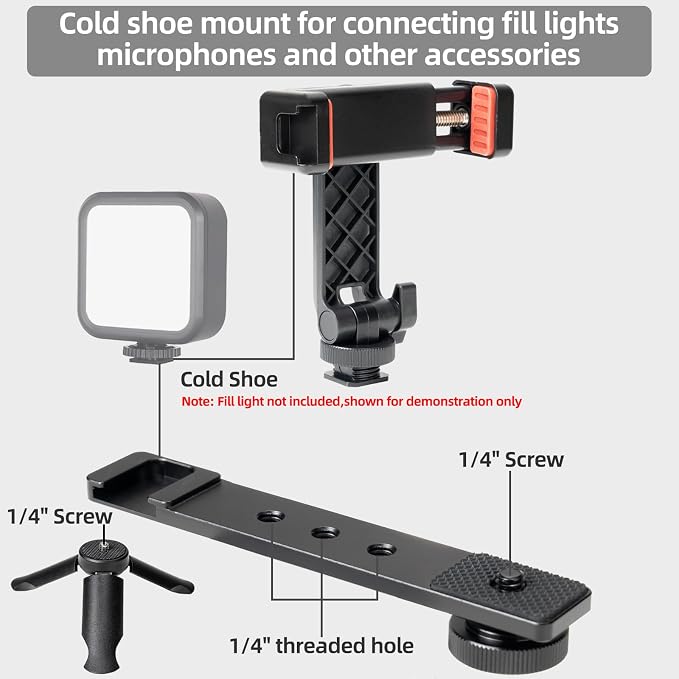 Phone Holder Mount with Mini Tripod for DJI Osmo Pocket 4/3, Vlog Rig with Cold Shoe & 1/4" Thread, 180° Adjustable Phone Clip for Live Streaming & Vlogging - Image 4