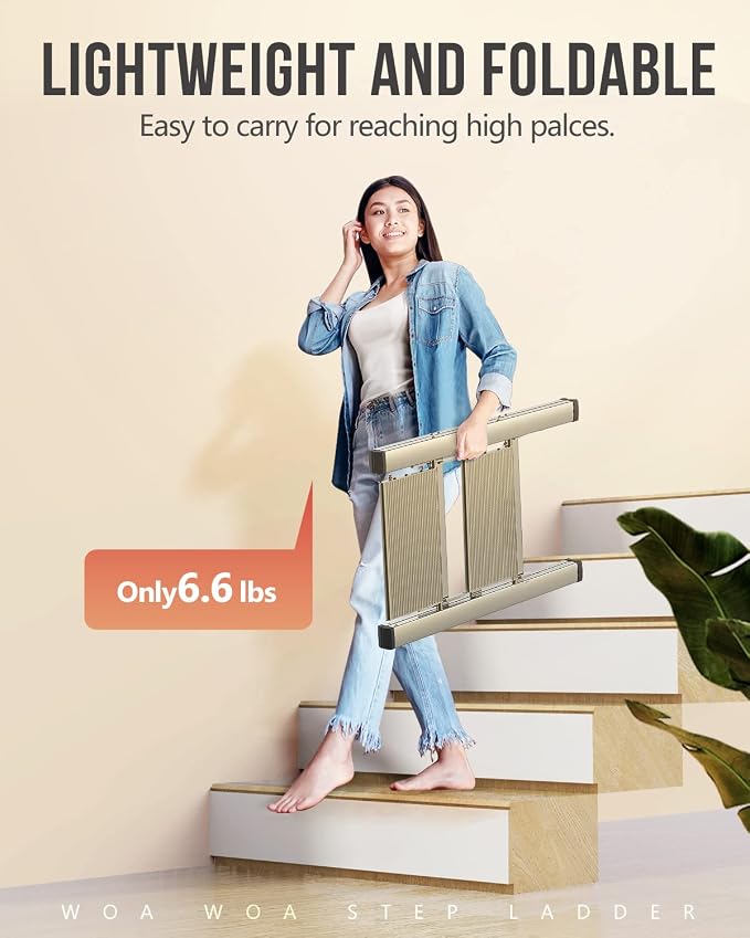 Aluminum 2 Step Ladder, Foldable Step Stool, 300lbs Load, Gold | Folded 27''H x 2''T; Net 6.6 lbs; Rigid Aluminum Steps; No Assembly; For Home, Kitchen, Office, Pantry, Closets, Cabinets - Image 2