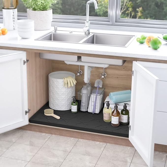 Waterproof Under Sink Mat 19" x 19" Silicone Mat Cabinet Protector | Heavy Duty Kitchen Cabinet Liner, Easy Press Drain, Home Essentials for Pet Feeding, Boots, Bathroom, Organizers & Storage - Image 2