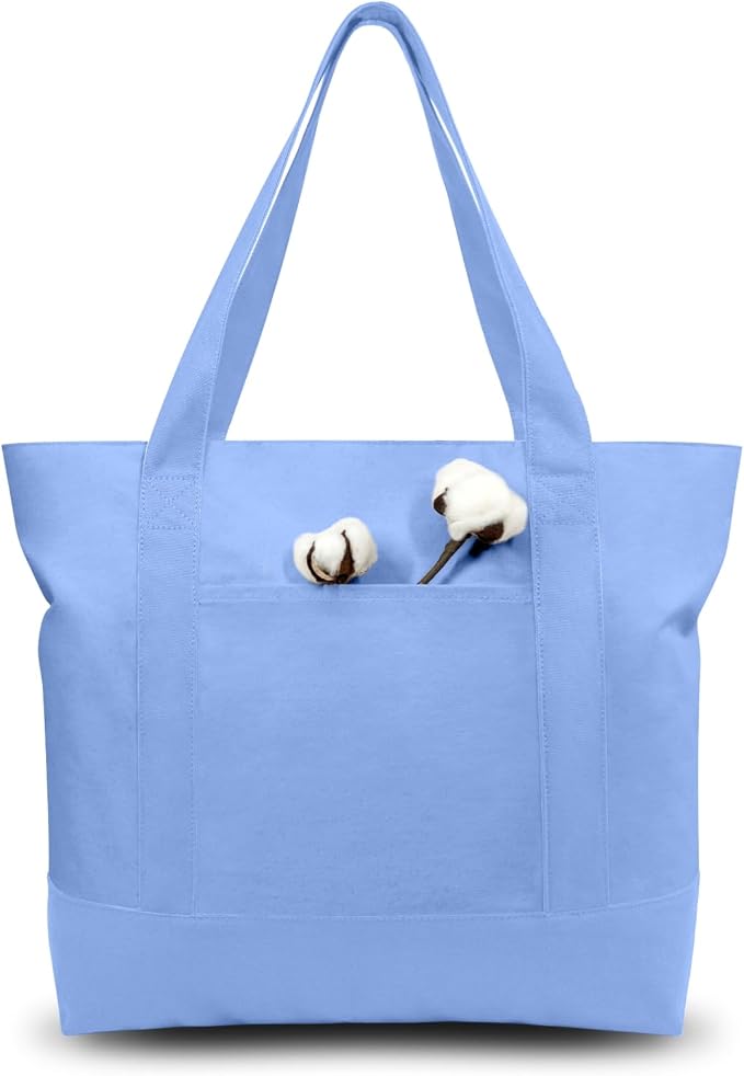 TOPDesign 3-Pack Canvas Tote Bags with an External Pocket, Reusable Grocery Shopping Bags, Top Zipper Closure, Daily Essentials (Light Blue) by TOPDesign