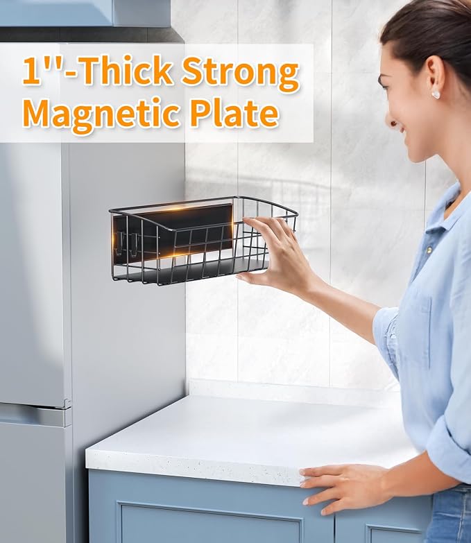 1Pack Magnetic Shelf for Refrigerator with Removable Hooks(Black) | Strong Magnetic Spice Rack for Kitchen Storage, Fruit Potato Onion Storage Shelves, Large Magnetic Basket Organizer - Image 6