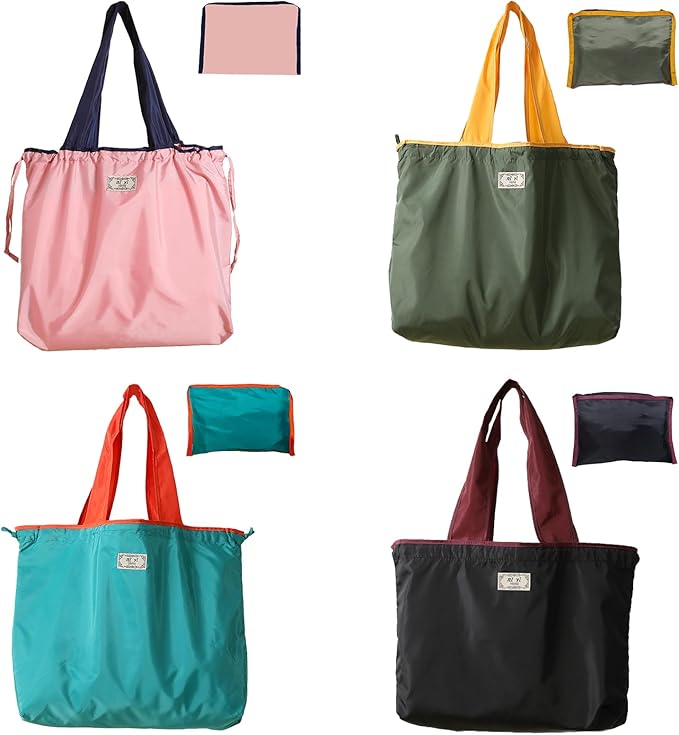 4 PC Foldable Reusable Shopping Bag 210D Nylon Waterproof Travel Grocery Tote with Drawstring Mouth & Reinforced Handle by XKE-X