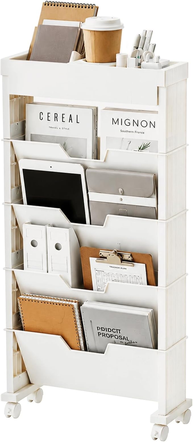 5-Tier Rolling Bookshelf, Rolling Book carts with wheels,Book Storage Rack | Utility Carts, Movable File Folder Organizer Cart for Home,Study,Office,Living Room,Classroom by Unknown