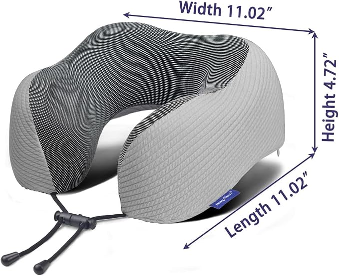 napfun Neck Pillow for Travel with Travel Pouch, Sleep Mask & Earplugs, Memory Foam Airplane Pillow for Headrest Sleep with Eyeshades, Plane Essentials with Eye Blindfold, Light Gray Striped Kit - Image 5