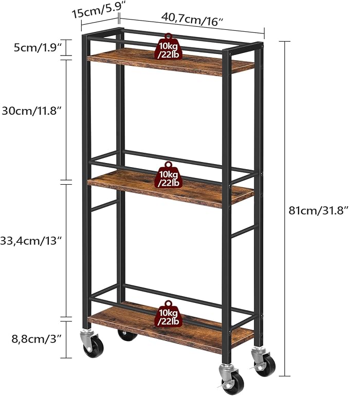 MAHANCRIS Slim Rolling Cart, Mobile Kitchen Cart on Wheels, Narrow Storage Cart for Small Space, Small Bar Cart, for Bathroom, Laundry, Living Room, Rustic Brown RCHR1501Z - Image 3