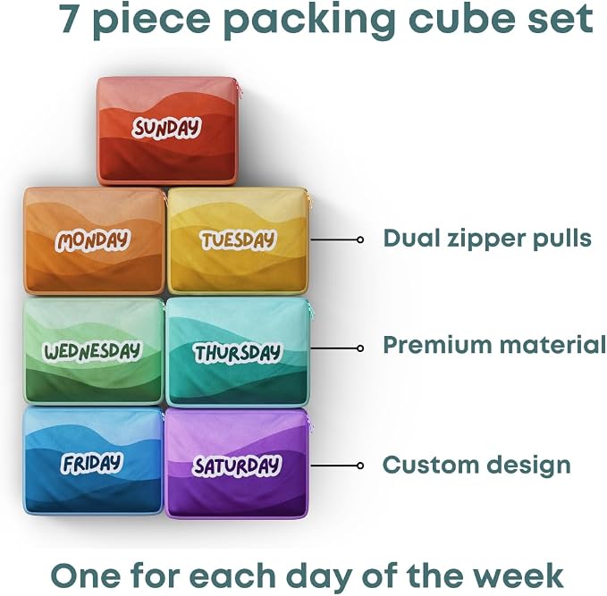 Packing Cubes for Kids & Baby Days of the Week 7 Set Daily Outfit Suitcase Organizers for Boys and Girls Summer Camp, Cruise, and Family Vacation (Large) - Image 5