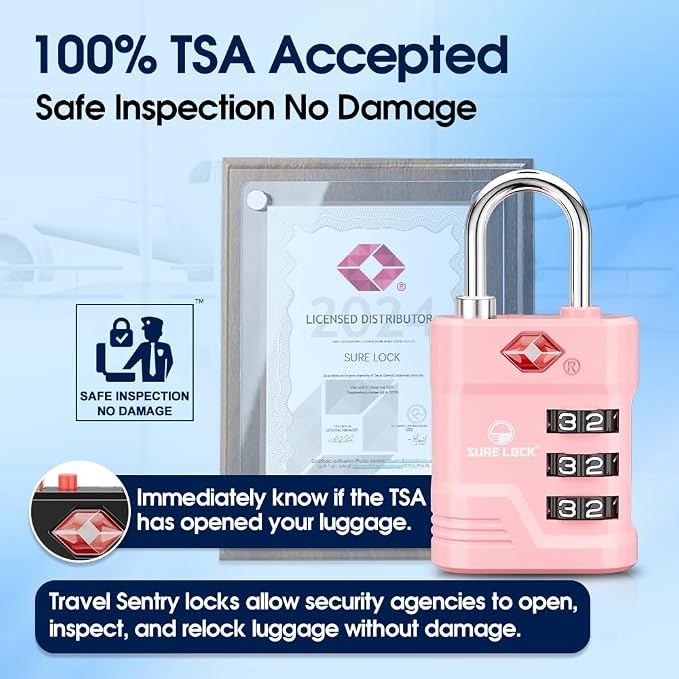 SURE LOCK TSA Approved Luggage Lock – 3-Digit Resettable Combination Padlock with Open Alert Red Dot, Large Easy-Read Dials for Suitcases, Backpacks, Gym & School Lockers(Pink 4 pk) - Image 2