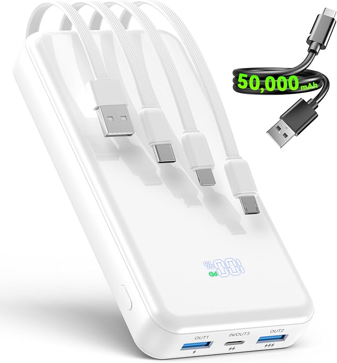 YILANS Portable Charger 50000mAh, 22.5W Power Bank with Built-in 4 Cables | Charges 6 Devices, Fast Charging Travel Essential, External Battery Phone Pack for iPhone 17-12, for Samsung/Android/iPad by YILANS