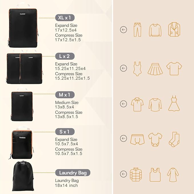 6 Set Large Compression Packing Cubes for travel. | Durable, Expandable and Lightweight Packing Cubes for Travel Compression with Laundry bag, Black - Image 4