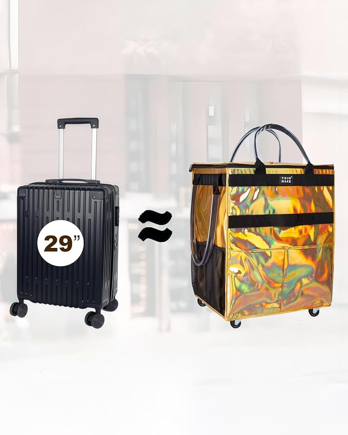 Reusable Grocery Bag with Wheels, Large Glitter Gold Rolling Tote | 8 Pockets, Zipper Cover, Foldable for Women, Kitchen, Travel, Carries Up to 76LBS - Image 5