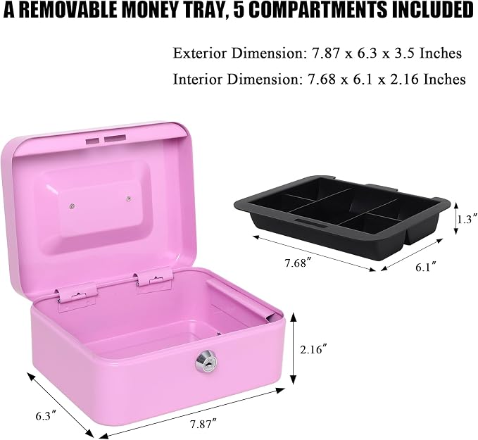 Jssmst Cash Box with Key Lock - Durable Metal Cash Box with Money Tray, Light Purple, Medium - Image 2