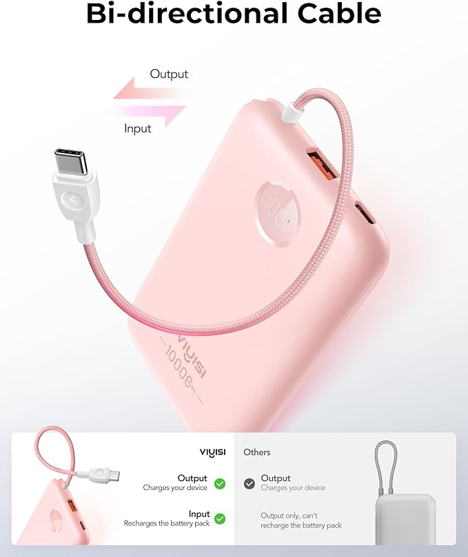 VIYISI 0.58” Slim Portable Charger Small 10000mAh with Built-in USB C Cable | PD 20W Compact Power Bank Fast Charging Battery Pack Cute Travel Essential for iPhone 17 16 15 Samsung S25 A16 Android-Pink - Image 4