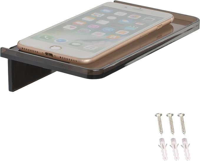 Stick-on Wall Shelf - Small Wall Mounted Adhesive Clear Acrylic Shelf Phone Holder Shelves Wipes Rack for Bathroom,Kitchen,Toilet,Office - Translucent Grey (A Set of Screws Included) by MATIMASU