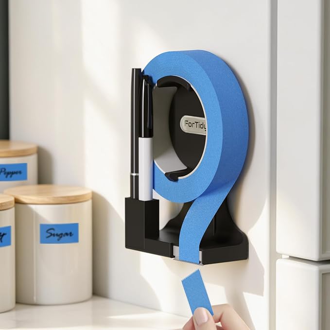 ForTidy Magnetic Masking Tape Holder, Painter's Tape Dispenser, Black | Removable Label System, Cutter Pen Holder, For Home Kitchen, Office, Fridge, Garbage, School (Tape and Pen Not Included) - Image 2