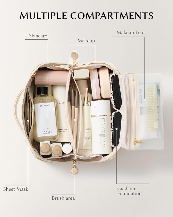 EACHY Travel Makeup Bag for Women, PU Leather Cosmetic Bag, White, Medium | PU leather organizer opens flat with two TPU brush pockets and divided storage for makeup, skincare, toiletries and travel - Image 2