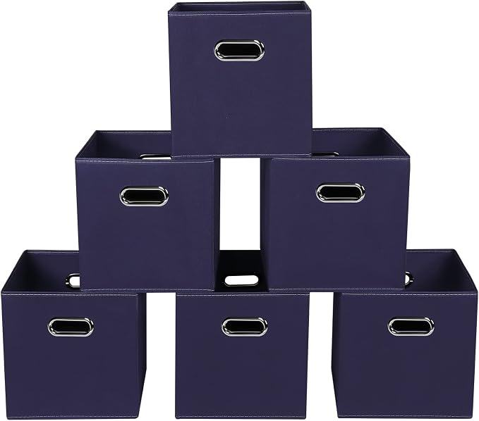 Navy Blue Fabric Storage Bins, 11x11x11, Set of 6, Foldable Cube Bins for Cloth or Accessory Storage by Yunkeeper