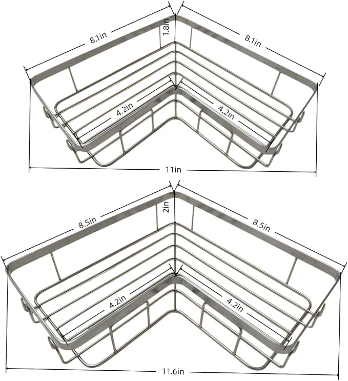 Shower Caddy 2 Pack, Stainless Steel No Drilling Adhesive Bathroom Organizer Shelf Rack, Corner Shower Shelf with Hooks for Home Decor & Storage - Image 4
