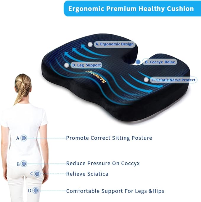 SAIREIDER Office Chair Cushion, Car Seat Cushion, Memory Foam Coccyx Cushion Pads for Tailbone Pain, Sciatica Relief Pillow, Correct Sitting Posture (Black) - Image 2