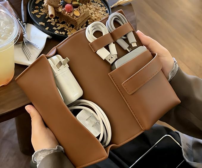 Vintage Pu leather Electronic organizer travel case,cord organizer travel, Leather charger shortage for essentials mouse, adapter, cables (vintage brown) - Image 9