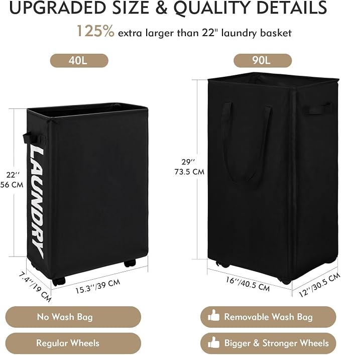 DOKEHOM 90L X-Large Rolling Laundry Basket Hamper on Wheels, Black | Collapsible clothes hamper with removable mesh wash bag. High-capacity foldable washing bin organizer - Image 3