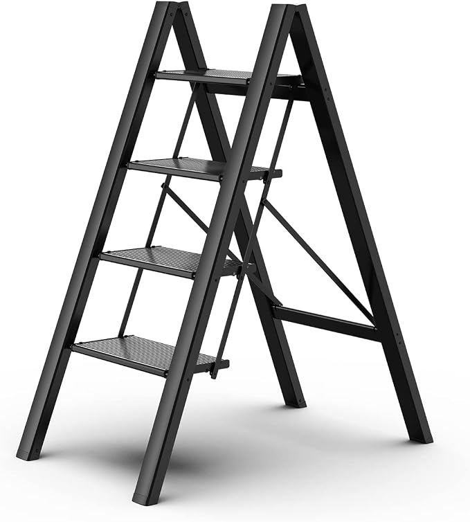 4 Step Ladder, Folding Step Stool with Anti-Slip Wide Pedal | Lightweight, Aluminum Material, 330LBS Load, Portable, Easy Storage, Space Saving, for Kitchen, Bedroom Use, Black by GameGem