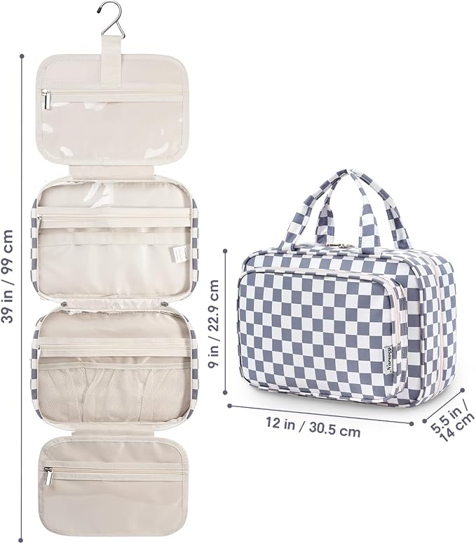 Narwey Travel Toiletry Bag for Women Large Hanging Makeup Bag Organizer Toiletries Bag for Full Size Essentials Accessories Cosmetics (Grayish Blue Checkerboard (Large)) - Image 9