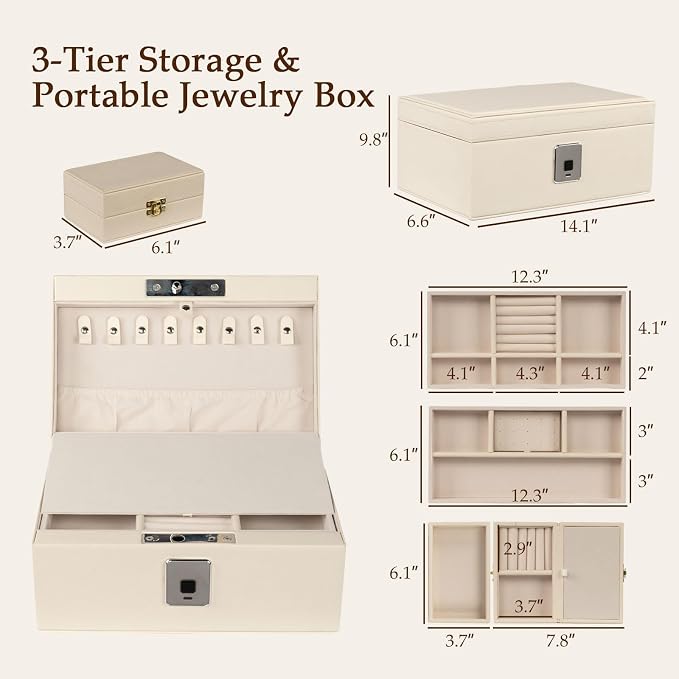 Jewelry Safe, Biometric Fingerprint Safe, Leather Wrapped Jewelry Box with Lock & Mirror, Ultra-Lightweight Jewelry Box Suitable for Home Use & On-the-Go(Three-Tier White) - Image 6