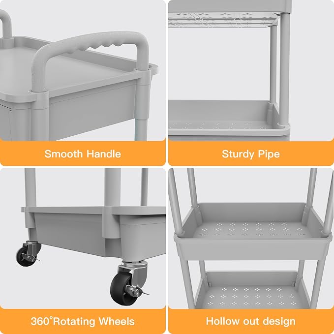 5 Tier Rolling Utility Cart with Drawer,REBECAT Utility Cart Made of Multifunctional Storage Organizer Tool for Kitchen,Bathroom,Living Room,Office(Gray) - Image 2