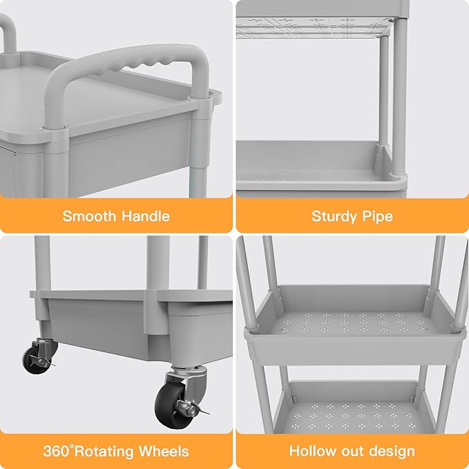 3 Tier Rolling Utility Cart with Drawer,REBECAT Utility Cart Made of Multifunctional Storage Organizer Tool for Kitchen,Bathroom,Living Room,Office(Gray) - Image 2