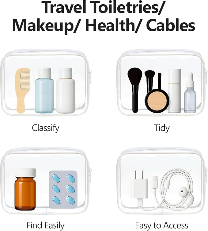 Clear Makeup Bag for Travel - TSA Approved Toiletry Bag, 2 White | 1 Medium Quart Carry-On & 1 Large Checked-Luggage, Reinforced Seams, Water-resistant, Clear Easy-Check for Airport, Women - Image 5