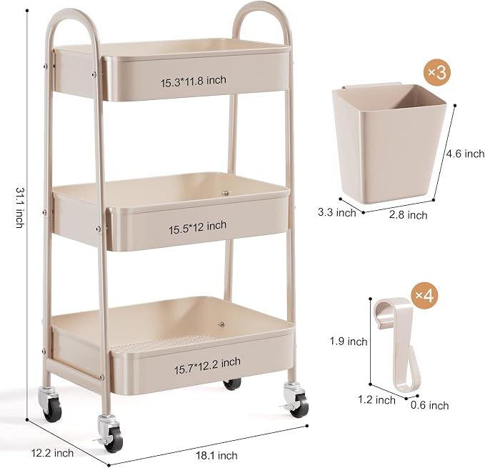 3 Tier Khaki Metal Utility Rolling Cart, Storage Cart with Lockable Wheels | Multifunctional Organizer Trolley with Mesh Storage Baskets and Handle for Kitchen, Office, Living Room, Laundry, Garage,Dorm - Image 9