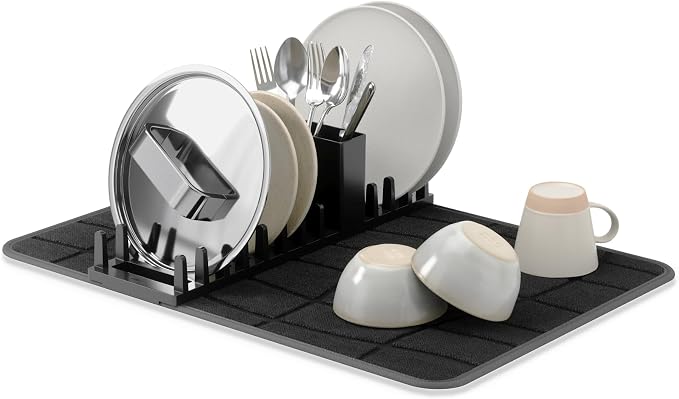 Umbra Udry Dish Drying Rack with Microfiber Mat, Foldable Drainer, Black | Machine washable, protects countertops, utensil holder, compact space saving design by Umbra