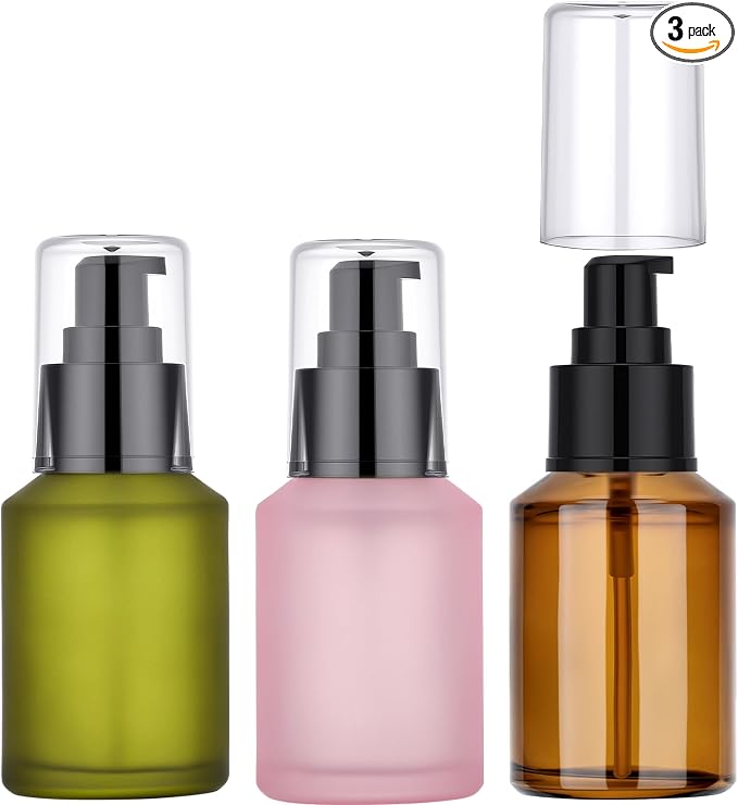 Segbeauty 2oz Frosted Glass Pump Bottle Dispenser, 3pcs Empty Travel Size Bottles with Pump, 15ml Refillable Travel Lotion Container, Mini Liquid Containers for Creams Oils Bottle in Mixed Color by Segbeauty