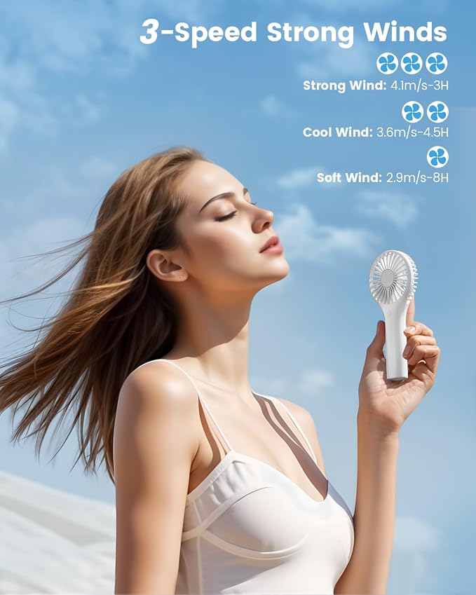 Edvision Portable Mini Fan - Powerful Personal Handheld Fan with 3 Speeds, Cute and Small, USB Rechargeable for Travel/Lash/Makeup/Outdoor/Home, White - Image 2