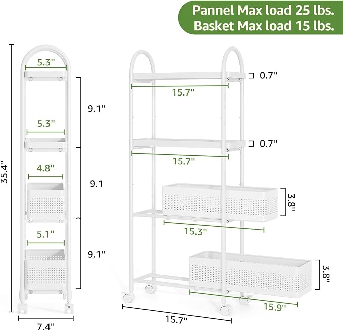 KINGRACK 4 Tier Slim Rolling Cart with Drawer, Metal Utility Storage Cart | 2 Pull-out Baskets, Lockable Wheels, Narrow Space Trolley Organizer for Bathroom, Kitchen, Office, Dorm, Laundry Room, White - Image 7