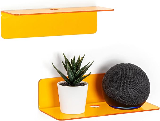 OAPRIRE Small Acrylic Floating Wall Shelves Set of 2, Flexible Use of Wall Space, 9 Inch Adhesive Display Shelf for Security Cameras/Smart Speaker/Action Figures, with Cable Clips - Clear Orange | Strong Tape Adhesive Wall Shelf, Easy Installation, Hol... by OAPRIRE