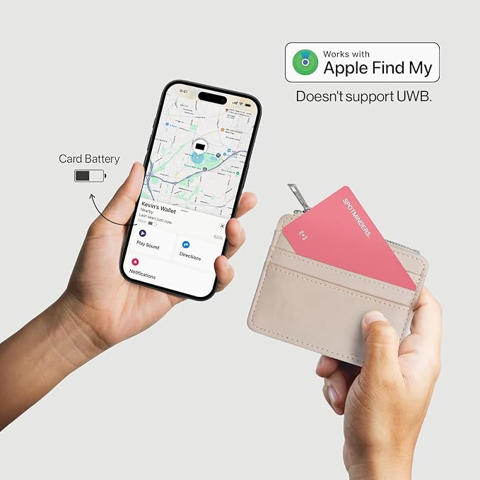 SPOTMINDERS Apple MFi Certified Wallet Tracker Card for Travel Gifts for Women - Works with Apple Find My Rechargeable Tracking Card for Wallet Luggage Passport Purse Slim 0.07in IP68 Pink Item Finder - Image 3