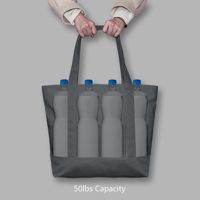 TOPDesign 6-Pack Canvas Tote Bags with an External Pocket, Reusable Grocery Shopping Bags, Top Zipper Closure, Daily Essentials (Grey) - Image 6