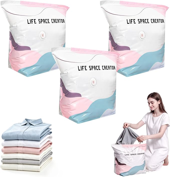 3PC No Pump Vacuum Storage Bags, No Pump Large Vacuum Storage Compression Bags, Thick Airtight Reusable Organizer for Clothes Comforters Travel Moving Closet Storage (M) by Unknown