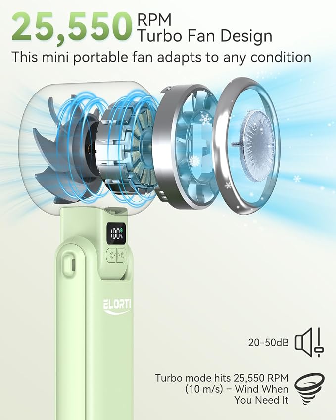 Portable Handheld Fan, USB Fan with Turbo & Ice Cooling, 5-Speed 4000mAh Rechargeable, 3-in-1 Mini Electric Fan, Lightweight & Compact for Outdoor, Camping, for Men & Women -Green - Image 3
