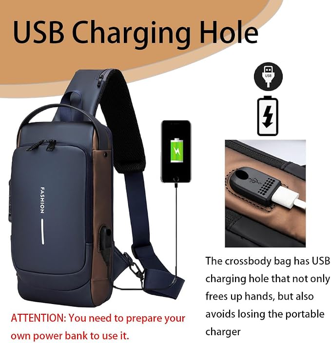 Travel Sling Bag Waterproof Crossbody Bag with Combination Lock Anti-Theft PU Leather Chest Bag with USB Charging Hole Shoulder Backpack Motorcycle Bags Blue - Image 5