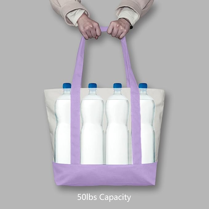 TOPDesign 1-Pack Canvas Tote Bag with an External Pocket, Reusable Grocery Shopping Bag, Top Zipper Closure, Daily Essentials (Lavender/Natural) - Image 6