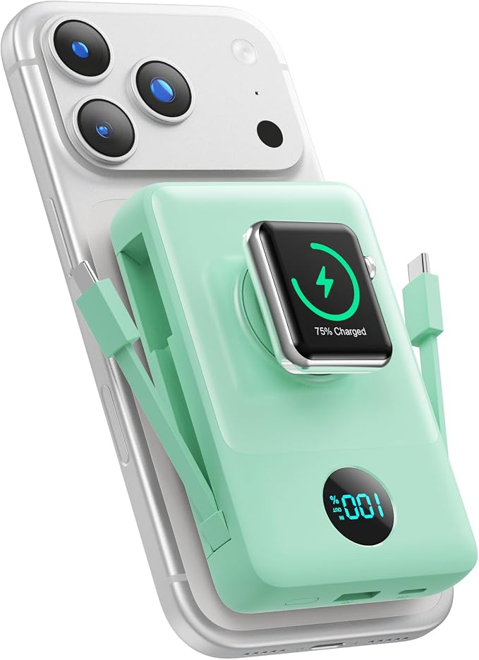 Magnetic Portable Charger 10800mAh with Built-in Cables,Wireless Power Bank for Magsafe,25W PD Fast Charging USB-C Travel Essentials Battery Pack for iPhone 17/16/15/14/13/12 Series,Apple Watch-Green by HETP