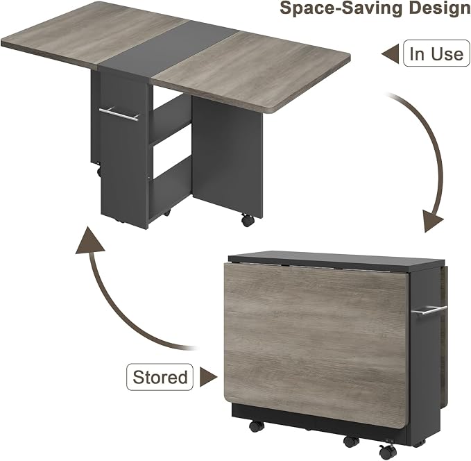 IDEALHOUSE FoldingTable, Drop Leaf Dining Table with 6 Wheels and 2-Layer Storage Shelf, Space Saving Table for Small Spaces (Slate Oak, 47.2" D x 23.6" W x 29.5" H) - Image 7